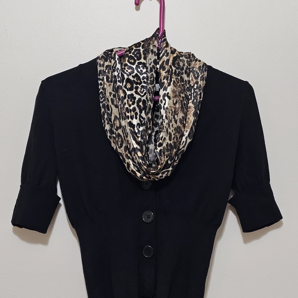 dressbarn Black Sweater with Leopard-Print Cowl